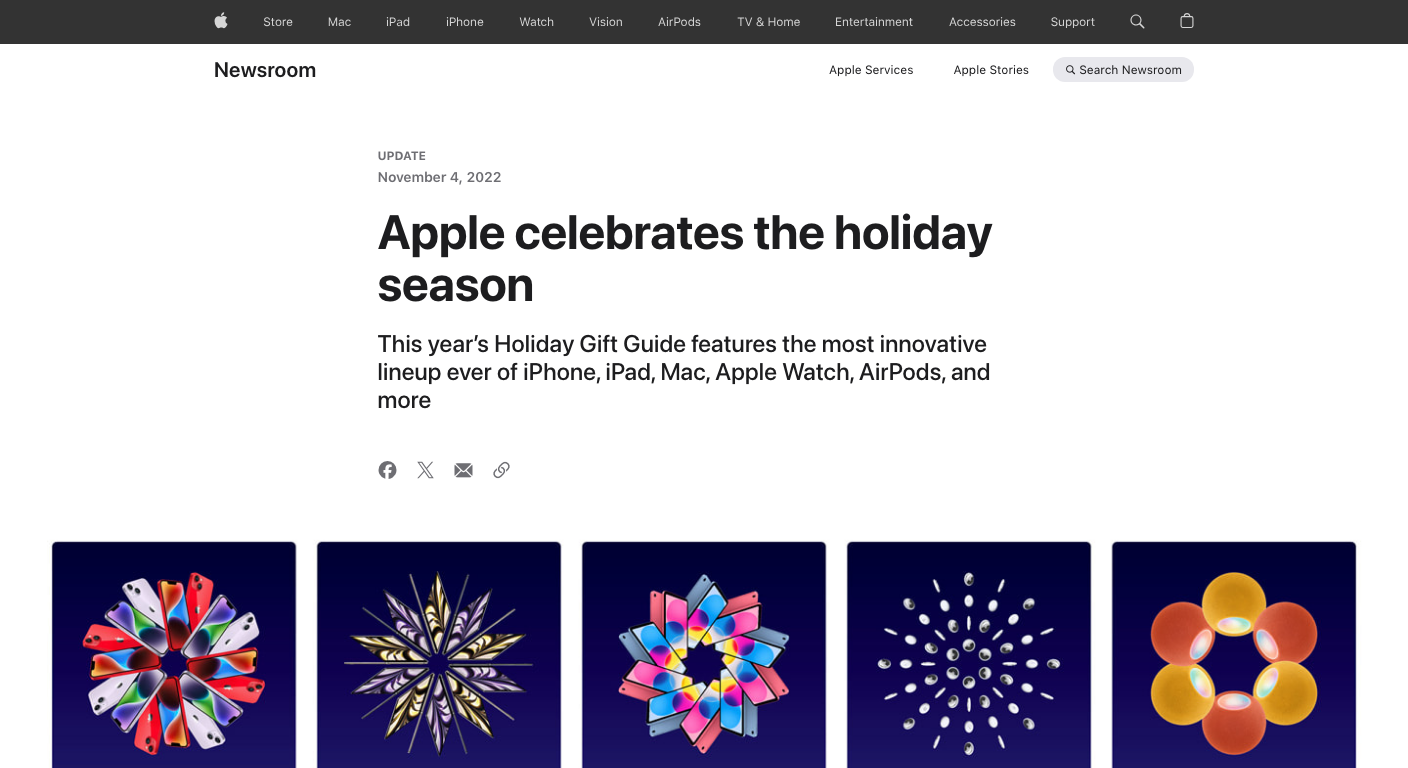 Apple Newsroom holiday season page showing seasonal gift guide coverage